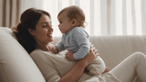 Mother playing with baby in a clean environment after a clean